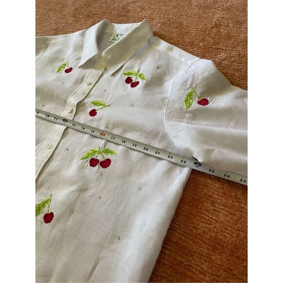 LT White Button Down Embroidered Cherry Fruit Beaded Long Sleeve Shirt Shacket - Picture 5 of 8